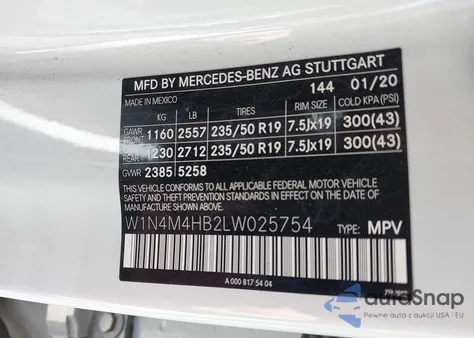 2020 Mercedes-Benz Glb 250 4Matic из США, поврежденный, VIN W1N4M4HB2LW025754